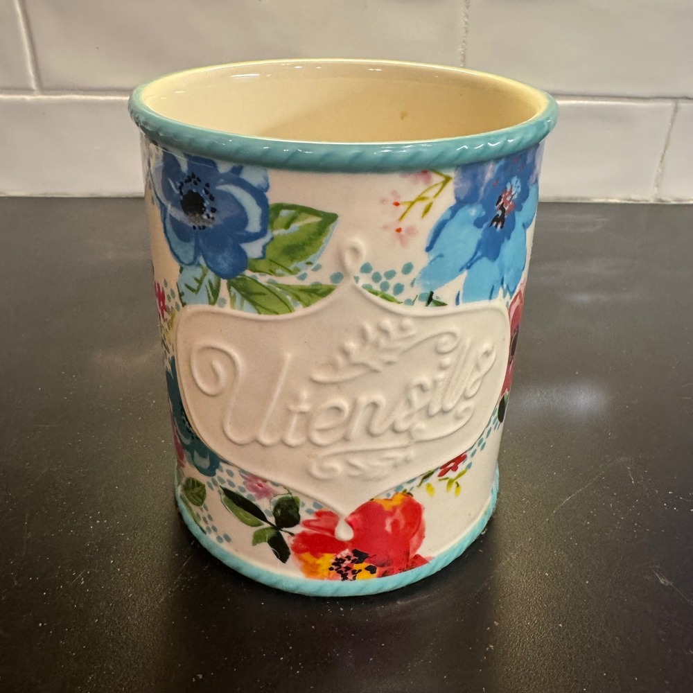 Pioneer Woman Utensil Holder Melody Multicolor Floral Stoneware Embossed Cc-1